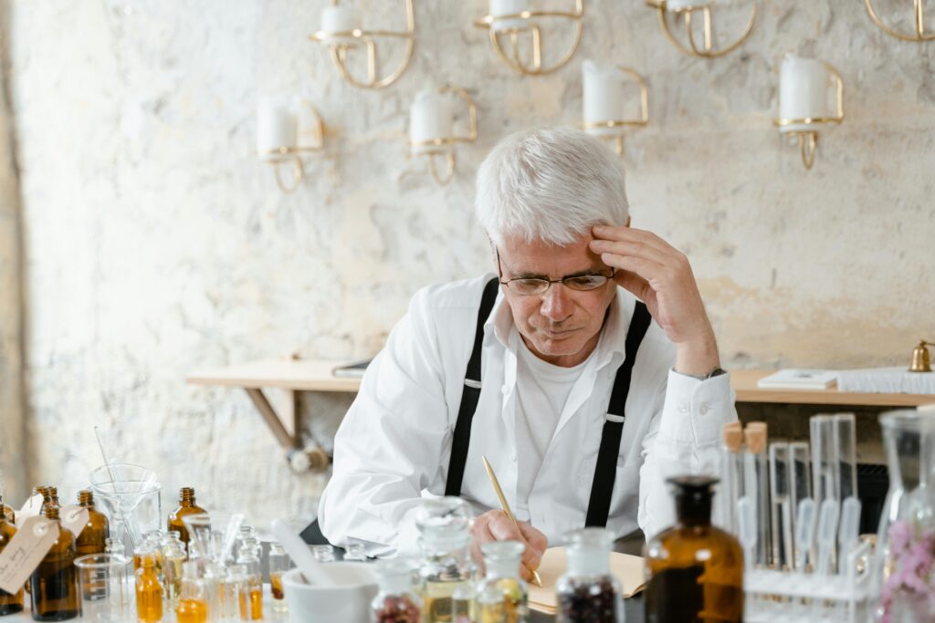 An elderly man examines fragrance samples in a laboratory setting, focusing on research and chemistry.